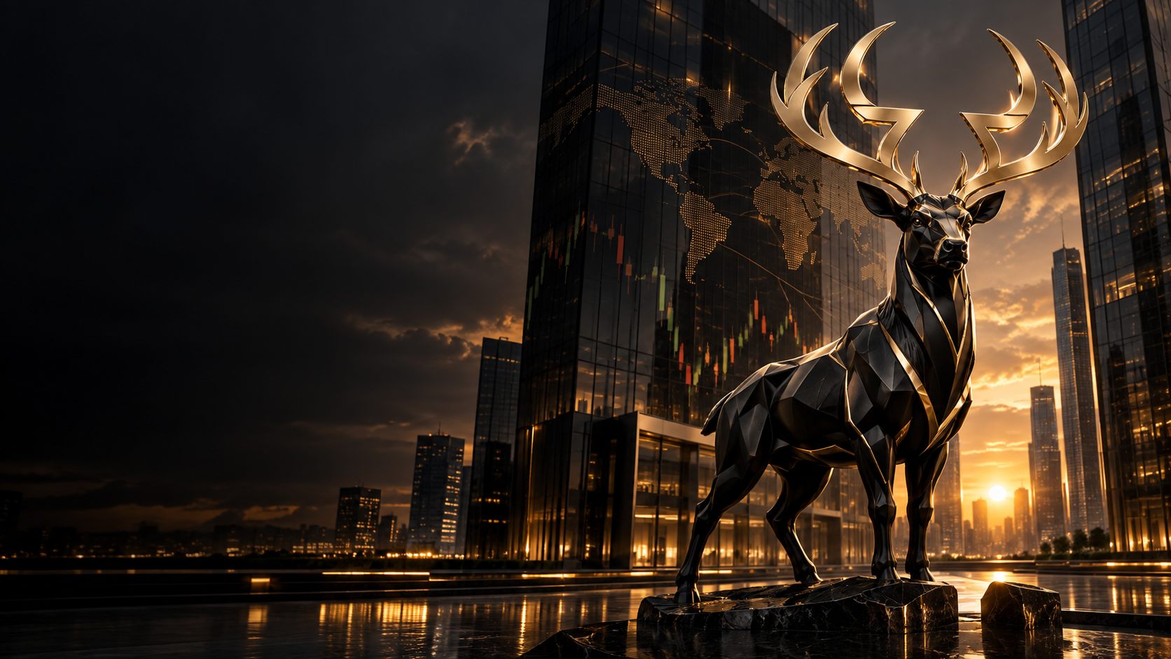 Sculptural black and gold stag in a global financial district